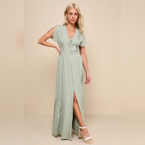 Lulus Dresses & Skirts - Lulus Women's Completely In Love Sage Green Swiss Dot Button-front Maxi Dress L